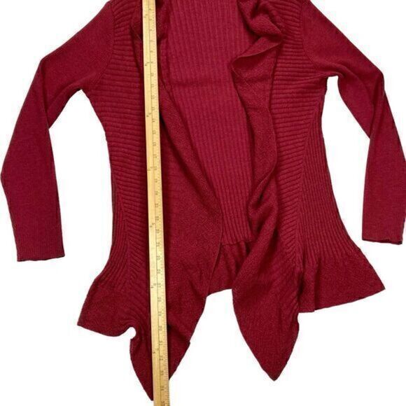 Eileen Fisher Wool Cardigan Sweater Womens Medium Burgundy Open Front Ruffle Hem - Picture 11 of 16